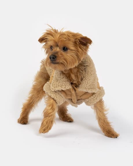 Vegan Suede Dog Jacket with Sherpa Trim - Silver Paws
