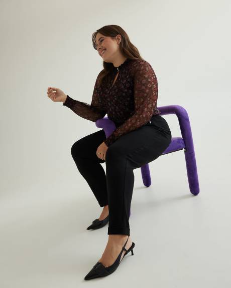 Floral Mesh Knit Top with Smocking Mock Neckline