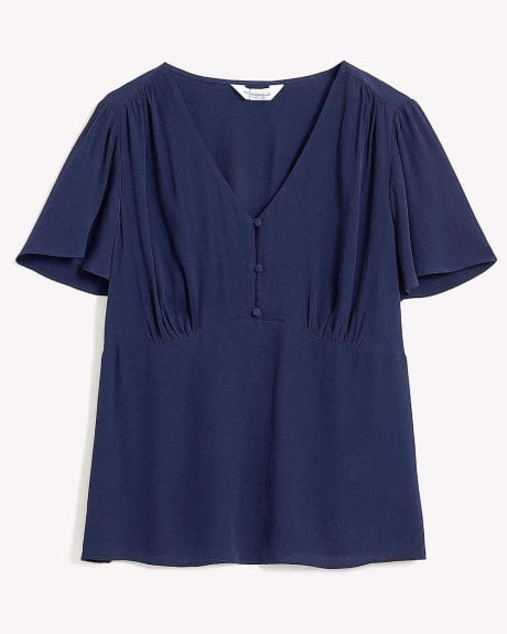 Short-Flutter-Sleeve Blouse with Buttoned V Neckline - Addition Elle