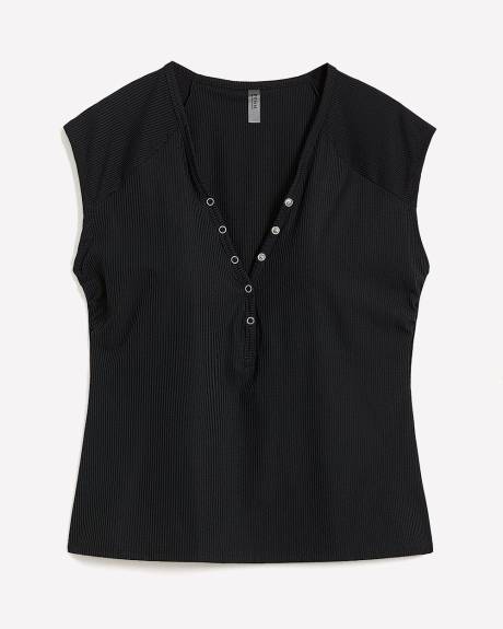 Black Rib Cap-Sleeve Henley Tankini Top
