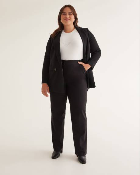 Pantalon noir à jambe droite, coupe galbée, petite, tissu responsable