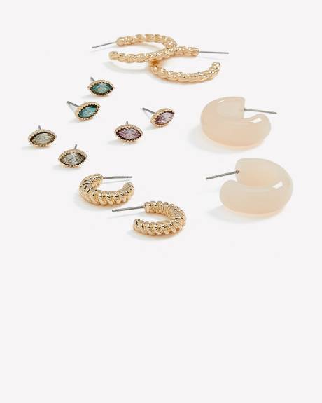 Golden Stud and Hoop Earrings, Set of 6 - Addition Elle