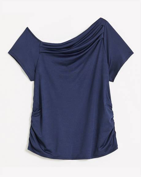 Short-Sleeve Knit Top with Shirring Asymmetrical Neckline