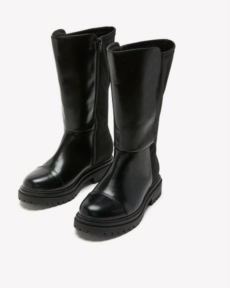 Botte mi-mollet en faux cuir et néoprène, pied très large