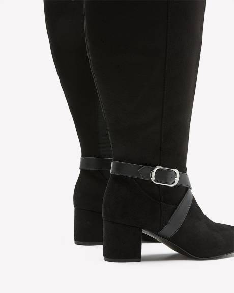 Extra Wide Width, Black Tall Heeled Boot with Wraparound Buckle