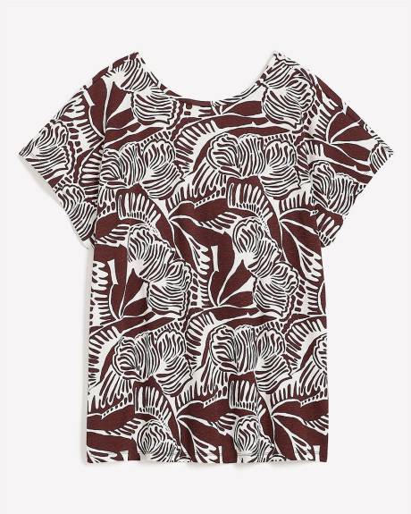 Foliage-Print Extended-Sleeve Top with Crisscross Back