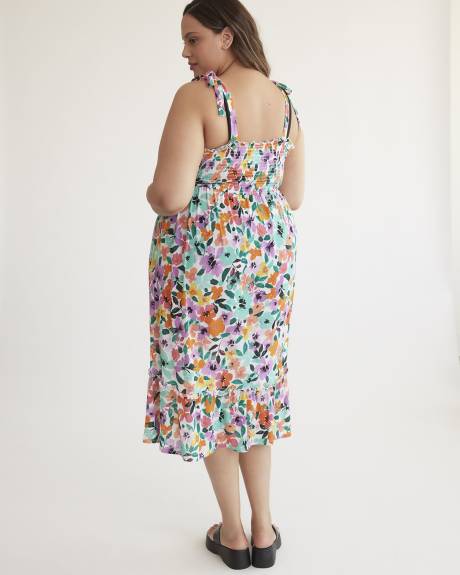 Robe cache-maillot fleurie à haut extensible et bretelles à nouer