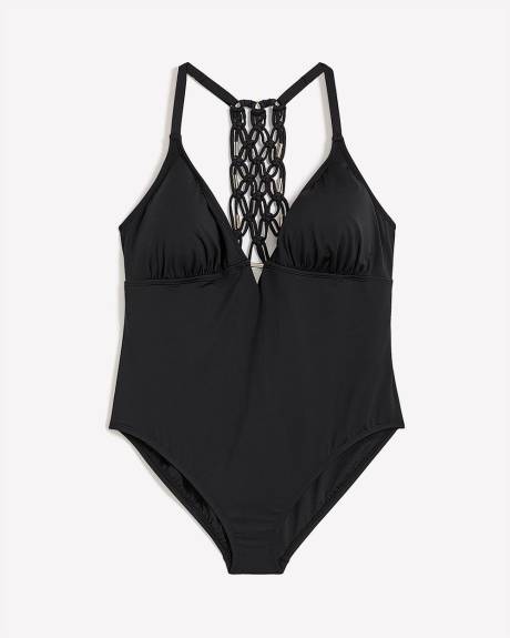 Black Plunging One-Piece Swim Suit with Macrame Back - Bleu by Rod Beattie