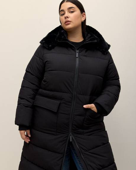Manteau d'hiver noir matelassé long, tissu responsable