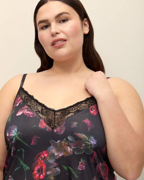 Floral Satin Nighty with Lace and Built-In Bra - Déesse Collection