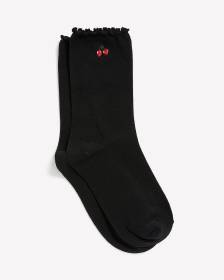 Black Lettuce-Edge Crew Socks with Embroidered Cherries