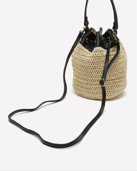 Straw Bucket Bag with Faux Leather Trim