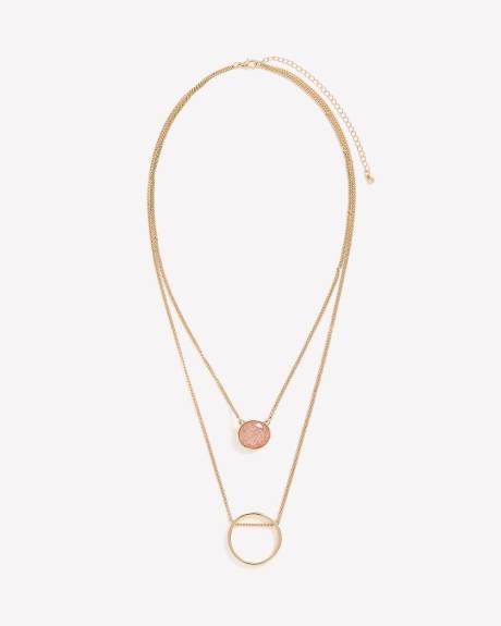Long Double-Layer Necklace with Stone and Circle Pendants