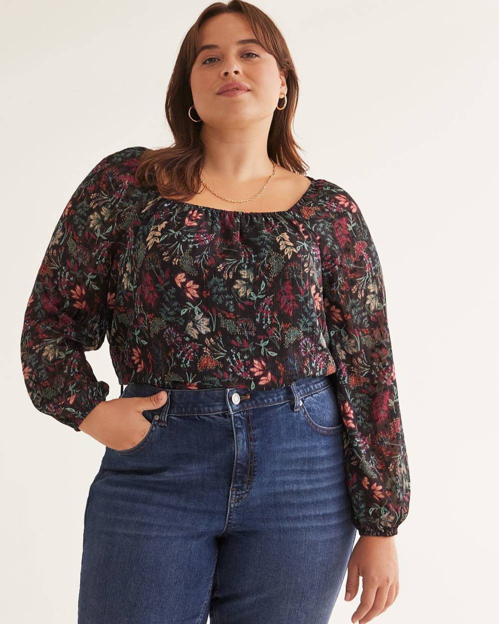 Floral Square-Neck Blouse with Balloon Sleeves
