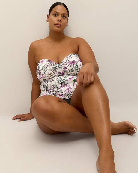 Leaf-Print Bandeau Tankini Top with Braided Tie