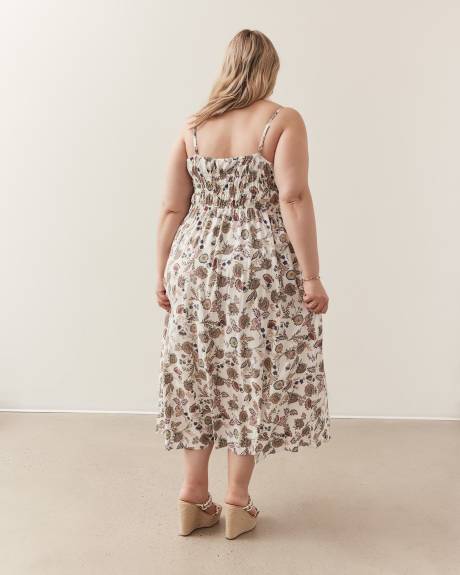 Robe longue fleurie cintrée et évasée, tissu responsable
