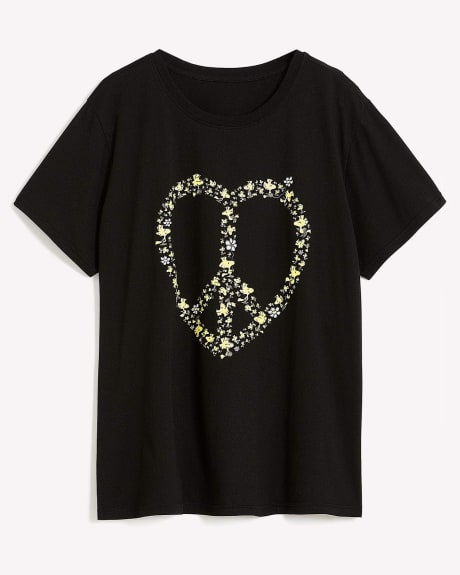 T-shirt à col rond avec imprimé coeur et paix