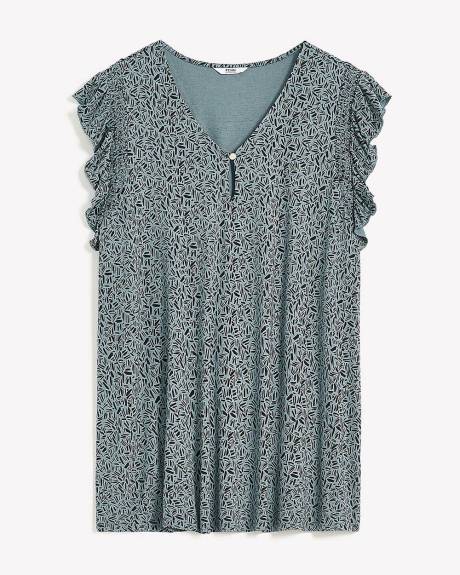 V-Neck Knit Top with Short Flutter Sleeves