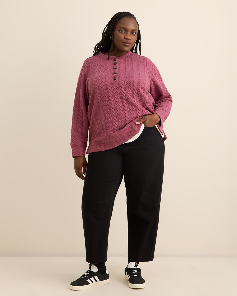 Long-Sleeve Cable Knit Buttoned Crewneck Top Long-Sleeve Cable Knit Buttoned Crewneck Top