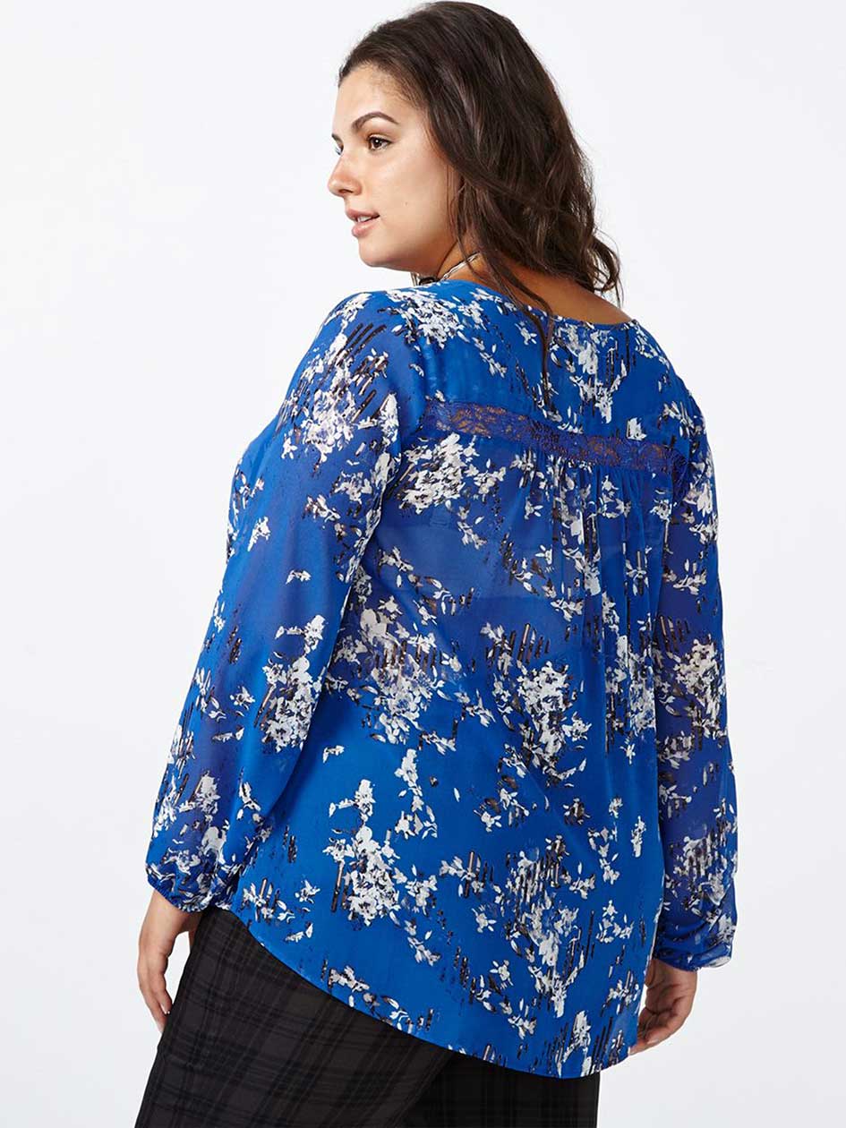 Long Sleeve Printed Blouse with Lace | Penningtons