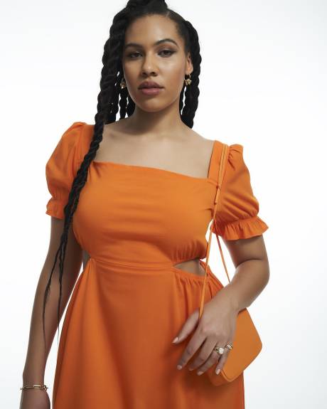 Puff-Sleeve Tiered Midi Dress with Waist Cut-Outs - Addition Elle