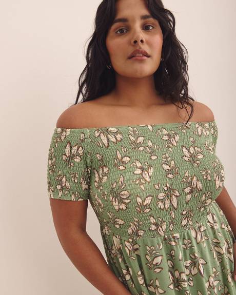 Robe longue fleurie verte à smocks et épaules dénudées - Addition Elle