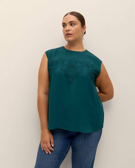 Responsible, Silky Extended-Sleeve Blouse with Lace Appliqué