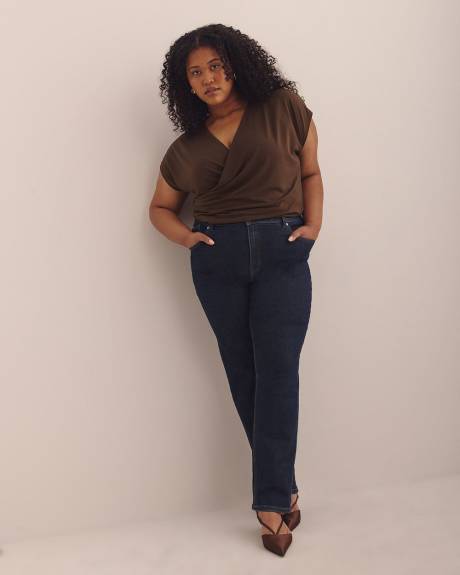 Overlap-Front Knit Top with Shirring at Side