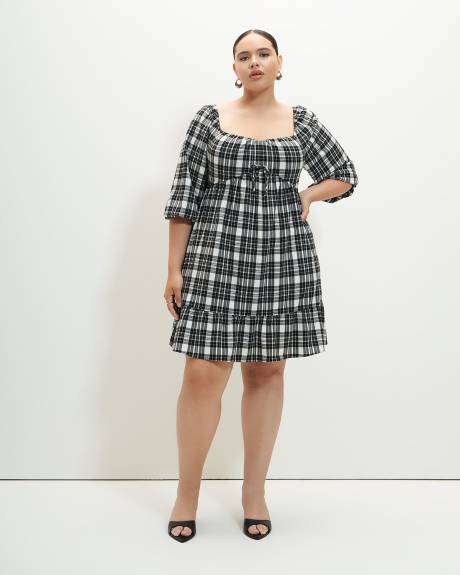 Plaid Tiered Dress with Balloon Sleeves - Addition Elle