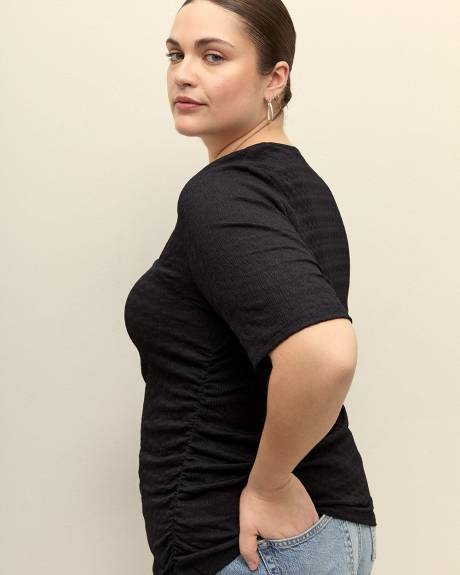 Square-Neckline Shirring Top with 3/4 Sleeves