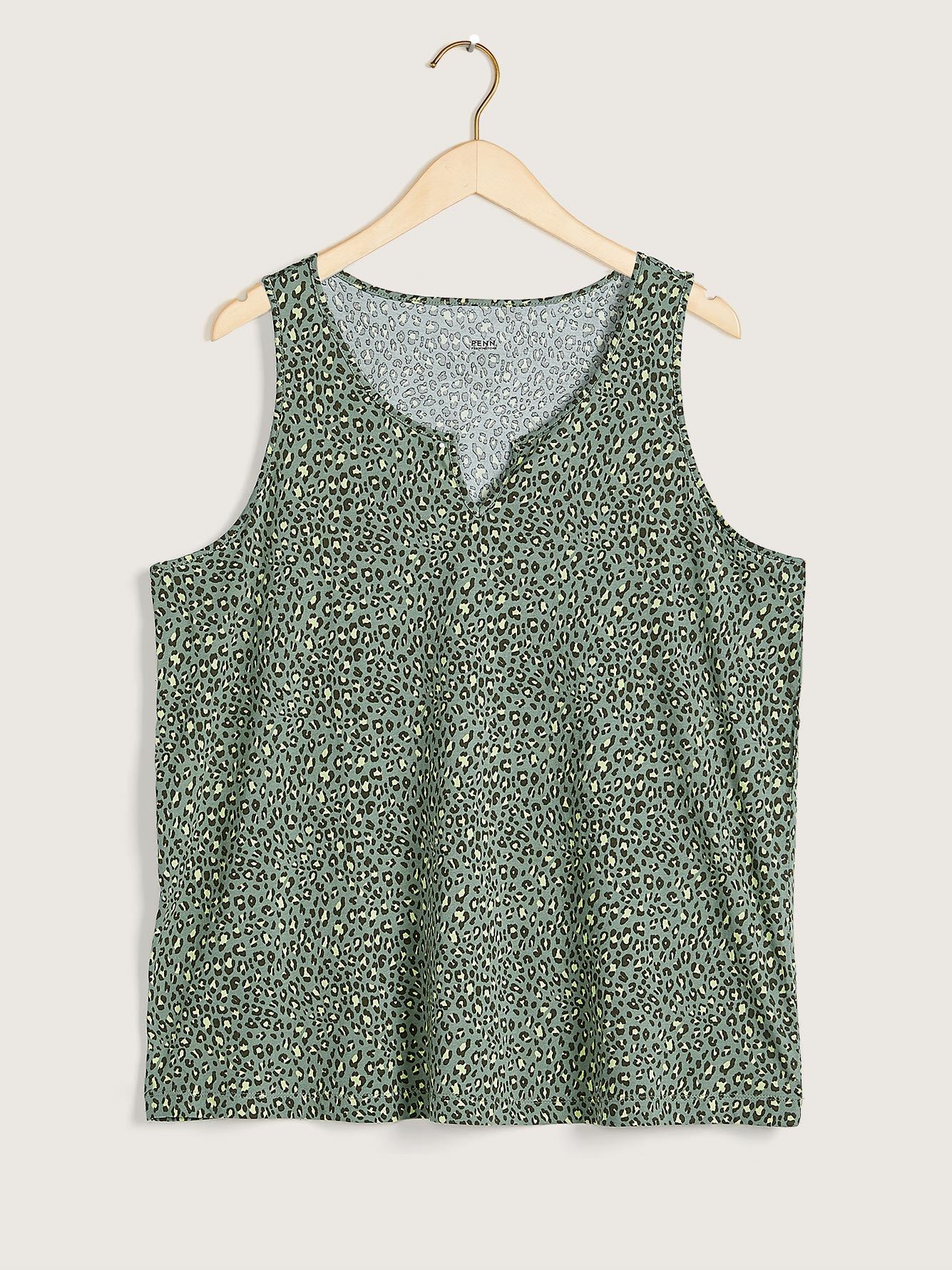 Printed Knit Tank Top With Split Neck