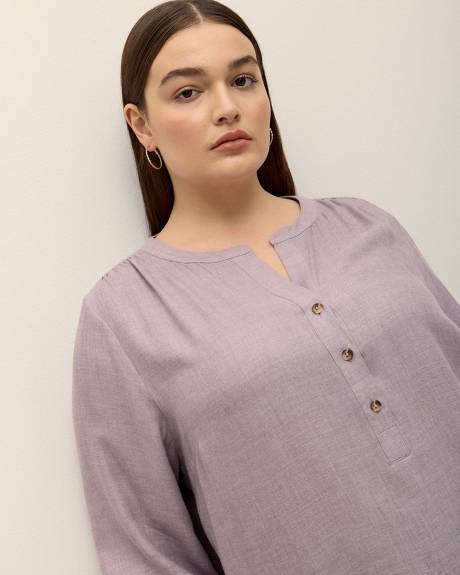 Long-Sleeve Half-Placket Twill Blouse