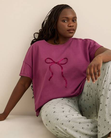 Grey Bow-Print Heather Knit Pyjama Pant - ti Voglio