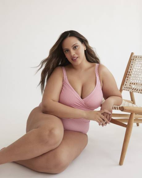 Striped Wrap V-Neck One-Piece Swimsuit