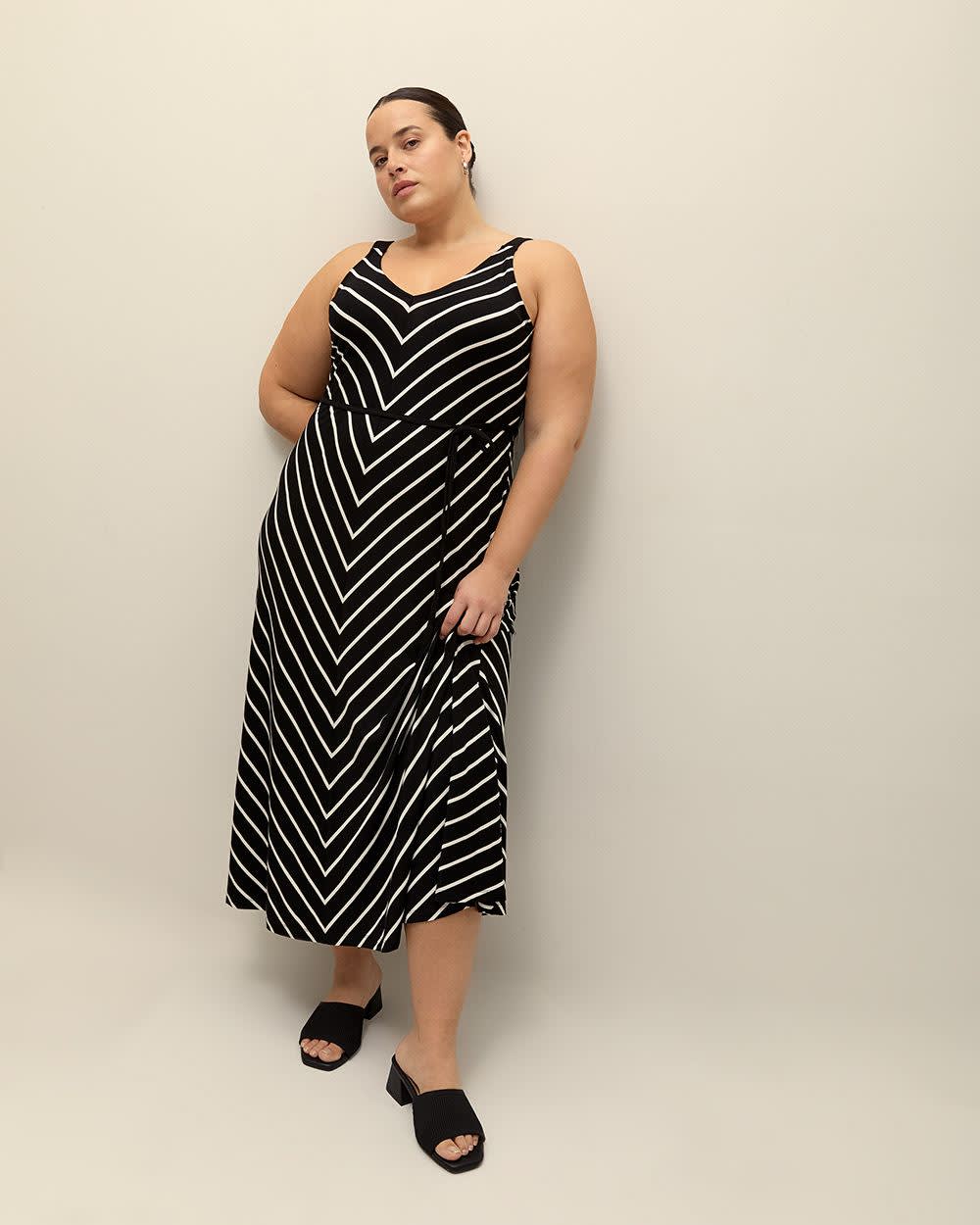 Responsible, Sleeveless Striped Flared Maxi Dress with Belt