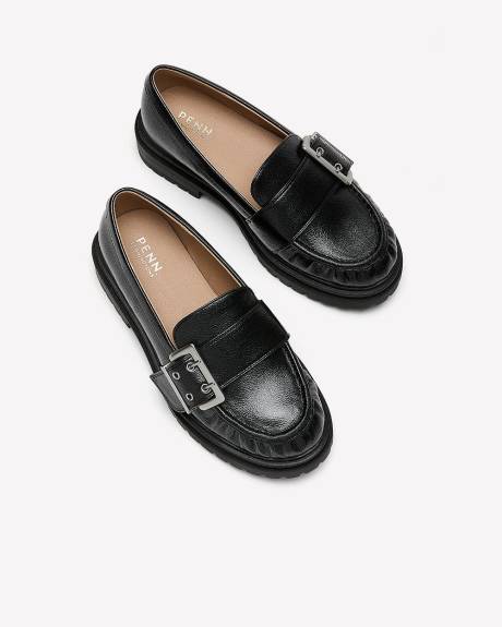 Extra Wide Width, Black Chunky Faux Leather Loafer with Side Buckle