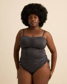 Tankini court noir scintillant style bandeau avec c&ocirc;t&eacute; fronc&eacute;