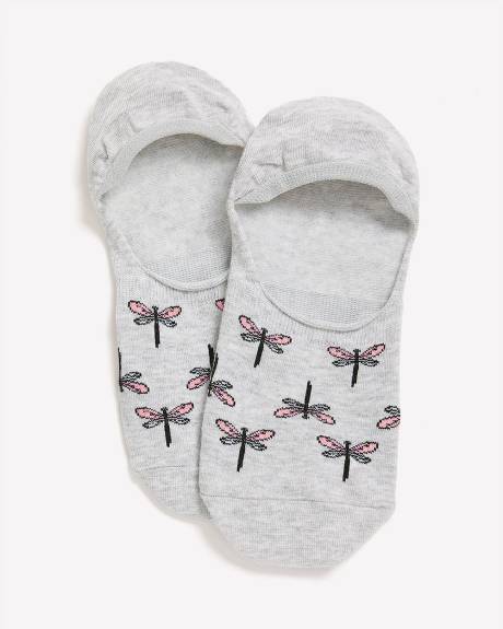 Heather Grey Sneaker Socks with Dragonfly Print