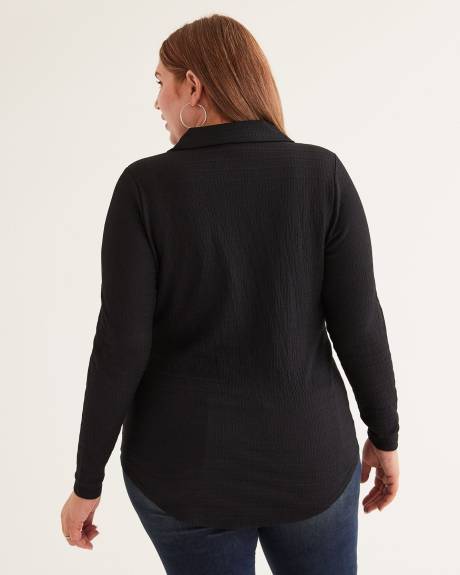 Black Textured Knit Buttoned Down Shirt