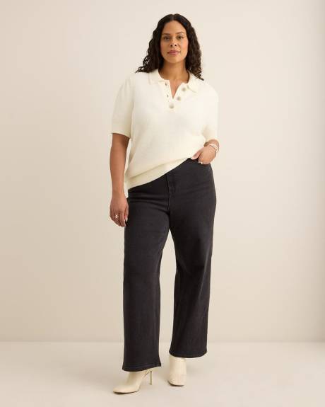 Plush Short-Sleeve Polo Sweater with Fancy Buttons
