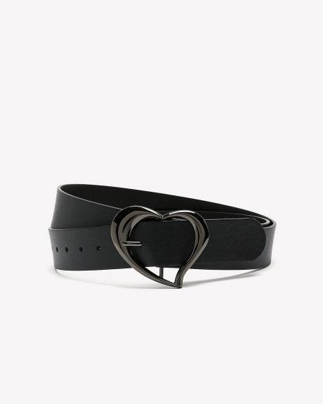 Black Faux-Leather Belt with Heart-Shaped Buckle
