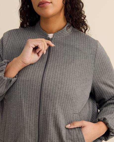Grey Pinstripe Balloon-Hem Bomber Jacket