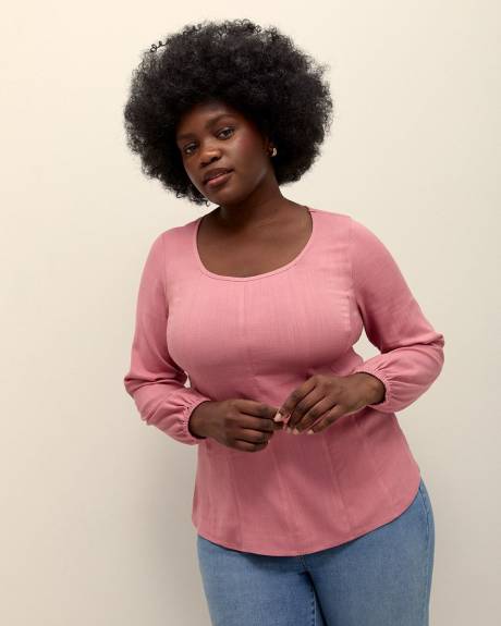 Smocked Back Blouse with Long Balloon Sleeves - Addition Elle