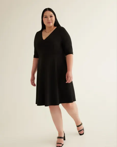 Black Fit-and-Flare Elbow-Sleeve Dress