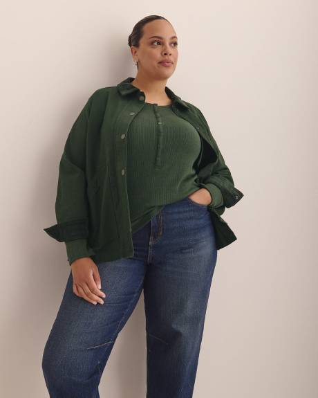 Long-Sleeve Pointelle Ribbed Knit Henley Top