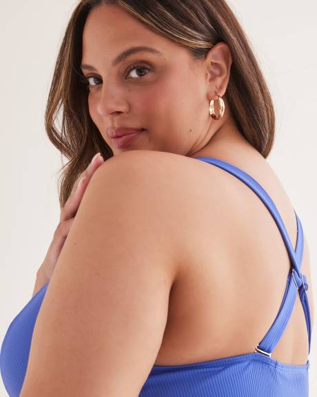 Blue Ribbed Plunge Tankini Top