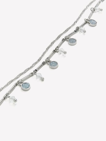 Silvery Anklets with Blue Paper Glitter Stones, Set of 2