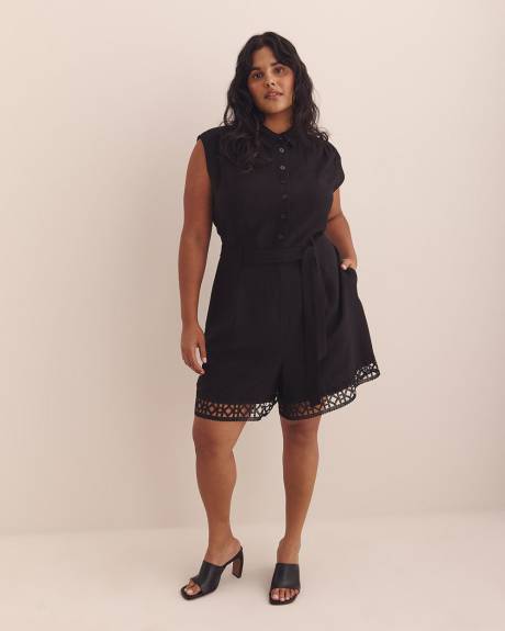 Black Sleeveless Jumpsuit with Fagoting Hem - Addition Elle