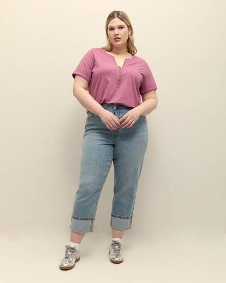 Short-Sleeve Henley Knit Top