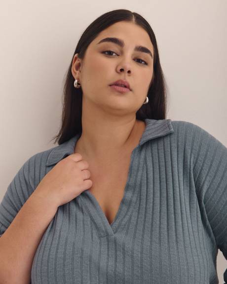 Ribbed Knit Polo Sweatshirt